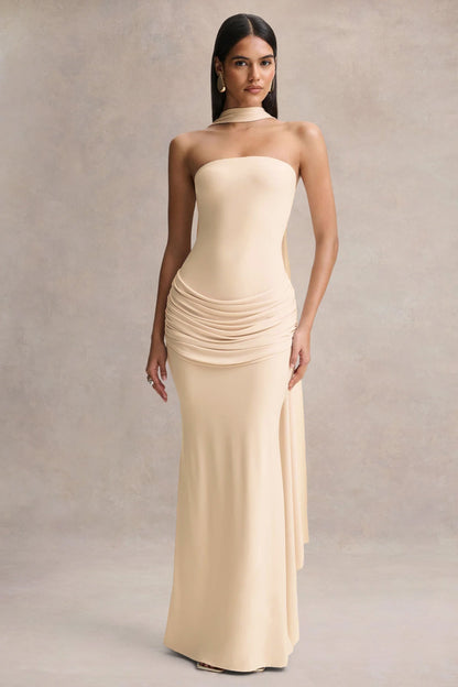 Graciella | Cream Bandeau Maxi Dress With Draped Detailing And Scarf