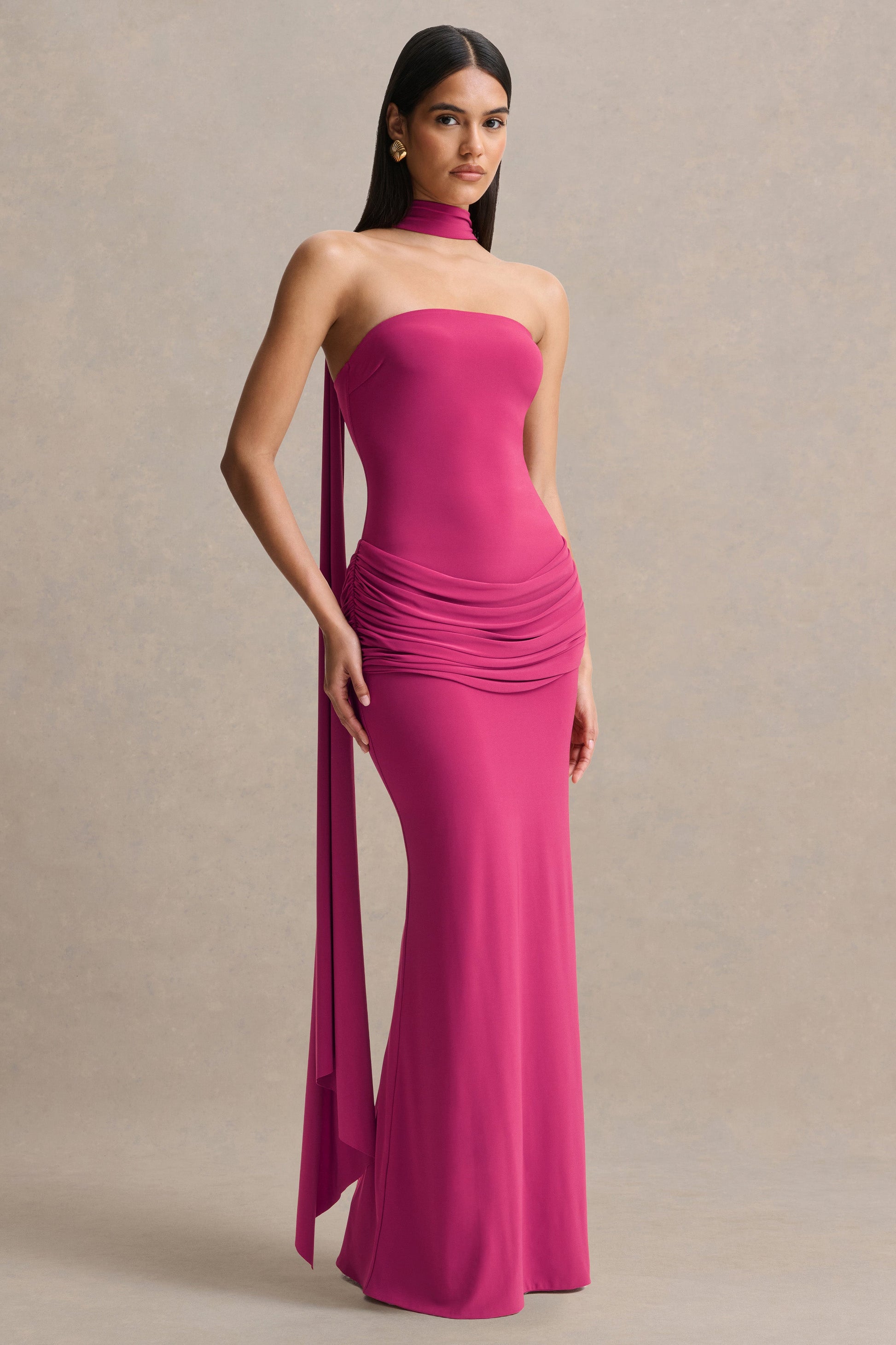 Graciella | Hot Pink Bandeau Maxi Dress With Draped Detailing And Scarf