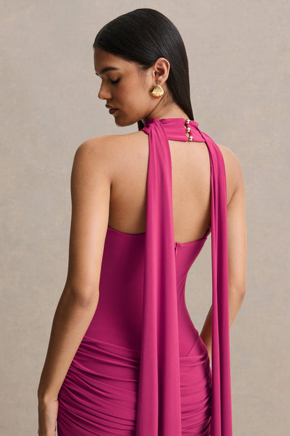 Graciella | Hot Pink Bandeau Maxi Dress With Draped Detailing And Scarf