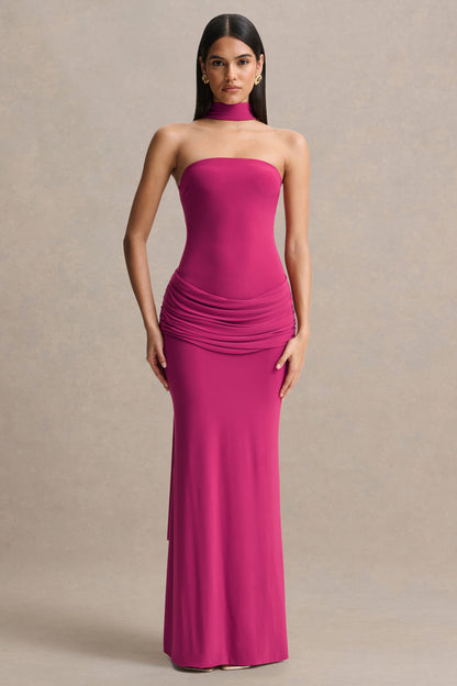 Graciella | Hot Pink Bandeau Maxi Dress With Draped Detailing And Scarf