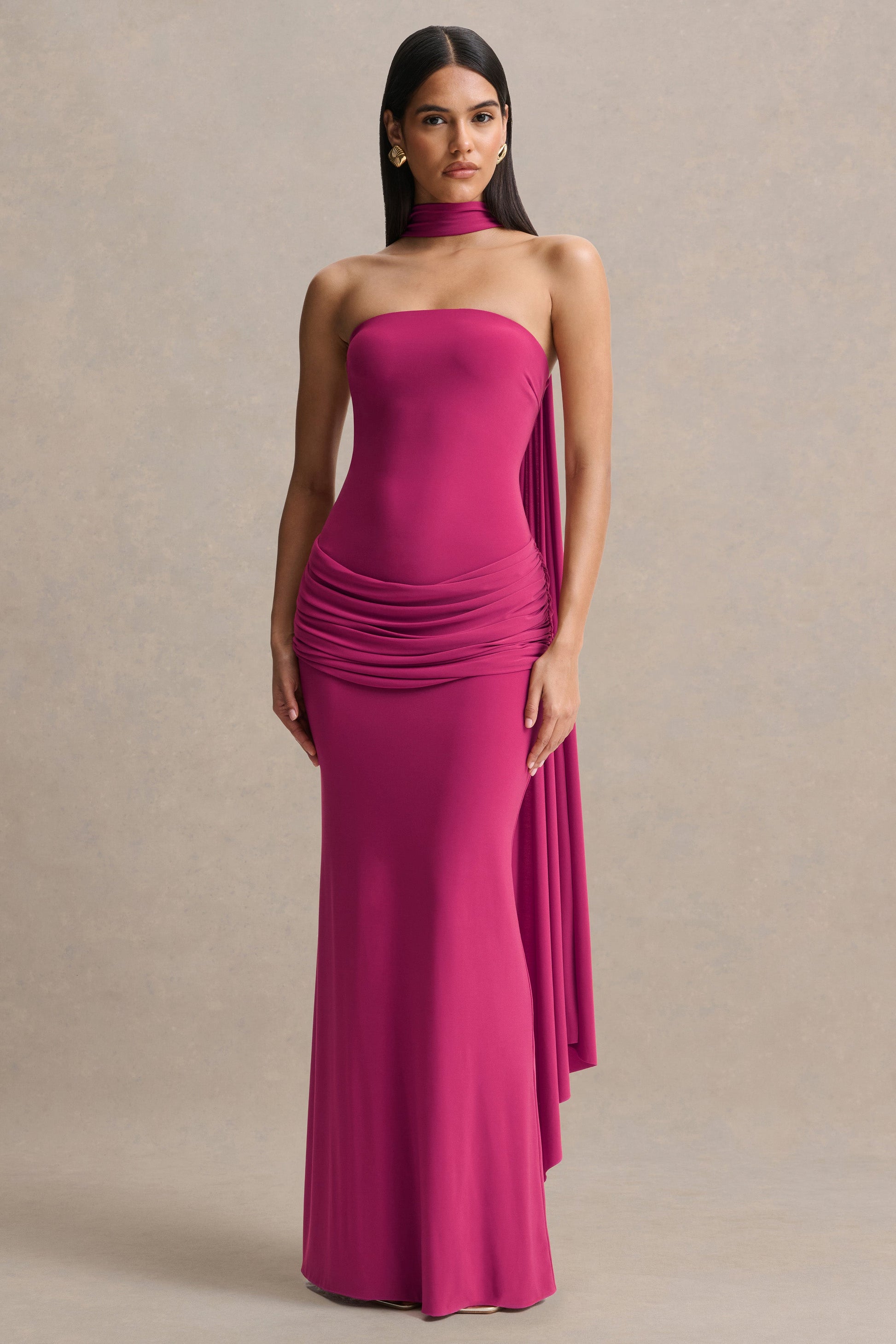 Graciella | Hot Pink Bandeau Maxi Dress With Draped Detailing And Scarf