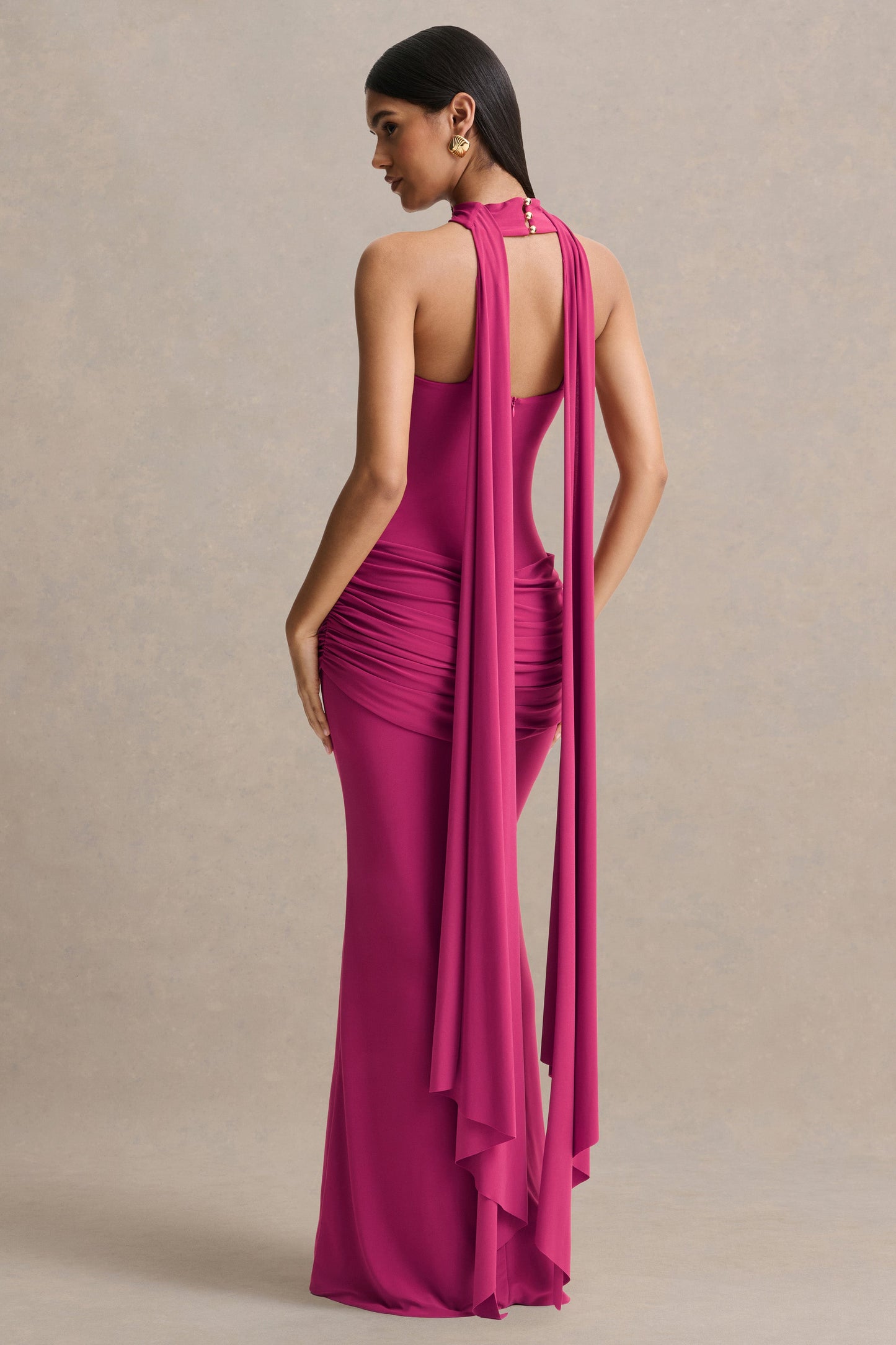Graciella | Hot Pink Bandeau Maxi Dress With Draped Detailing And Scarf