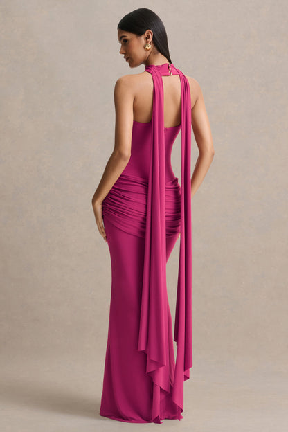 Graciella | Hot Pink Bandeau Maxi Dress With Draped Detailing And Scarf