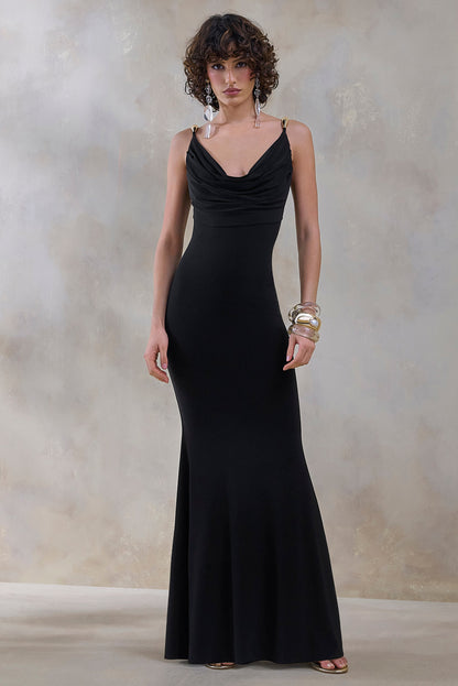 Iridessa | Black Plunge-Neck Maxi Dress