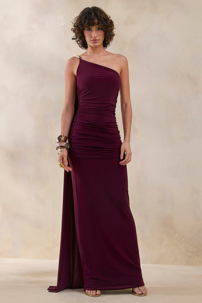 Bettine | Burgundy Asymmetric-Neck Maxi Dress With Cape-Sleeve