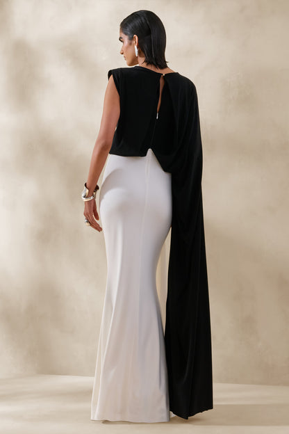 Carenza | Black & White Wide-Neck Maxi Dress With Cape-Sleeve
