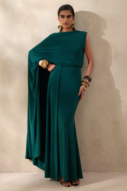 Carenza | Dark Green Wide-Neck Maxi Dress With Cape-Sleeve