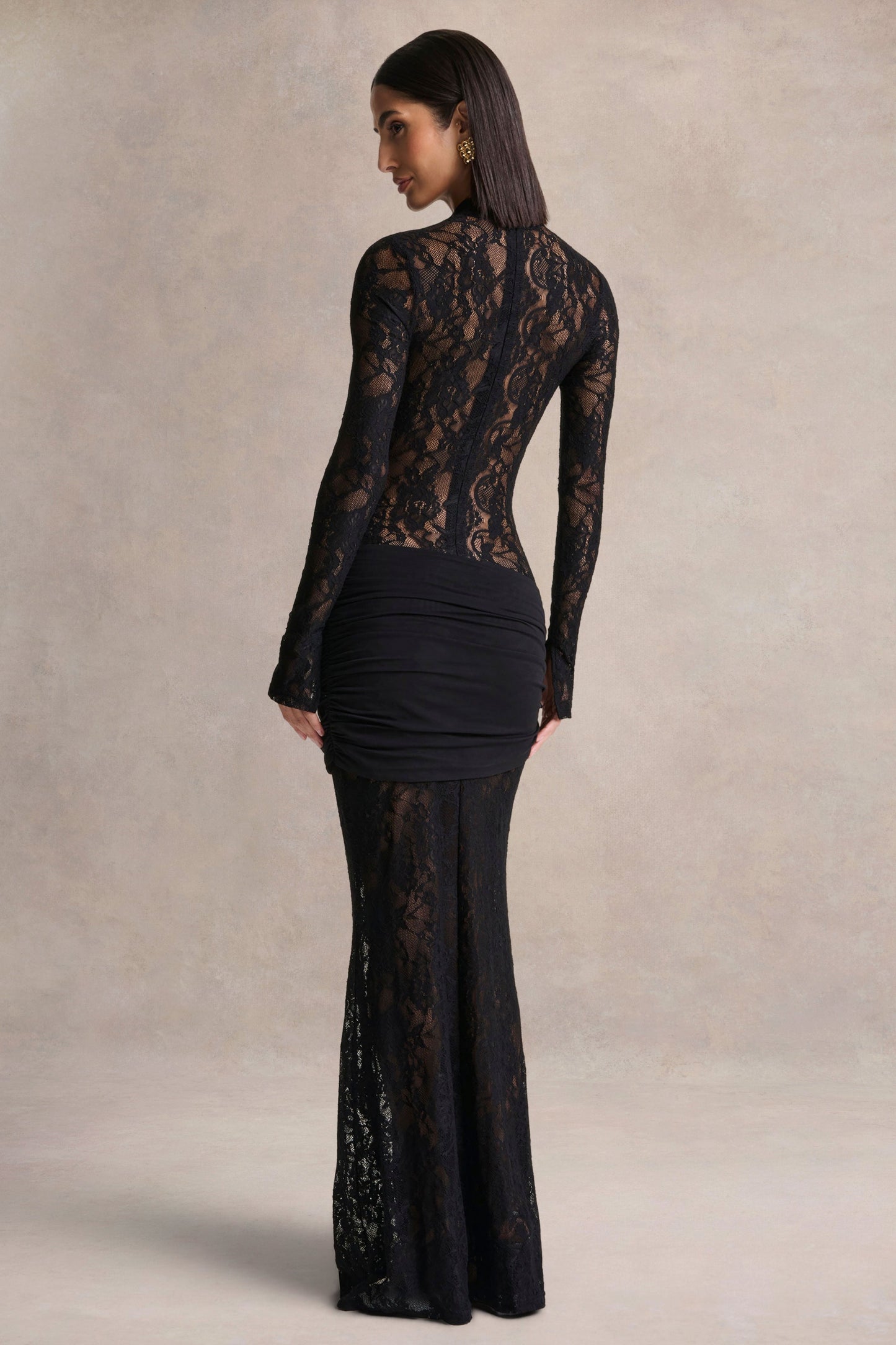 Akira | Black Sheer Lace Maxi Dress With Sash-Detail