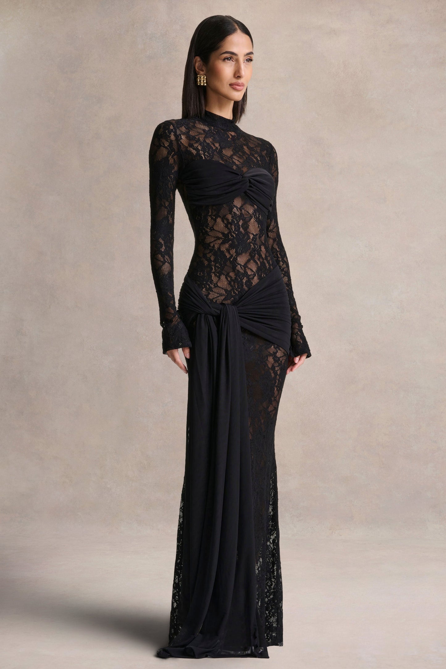 Akira | Black Sheer Lace Maxi Dress With Sash-Detail