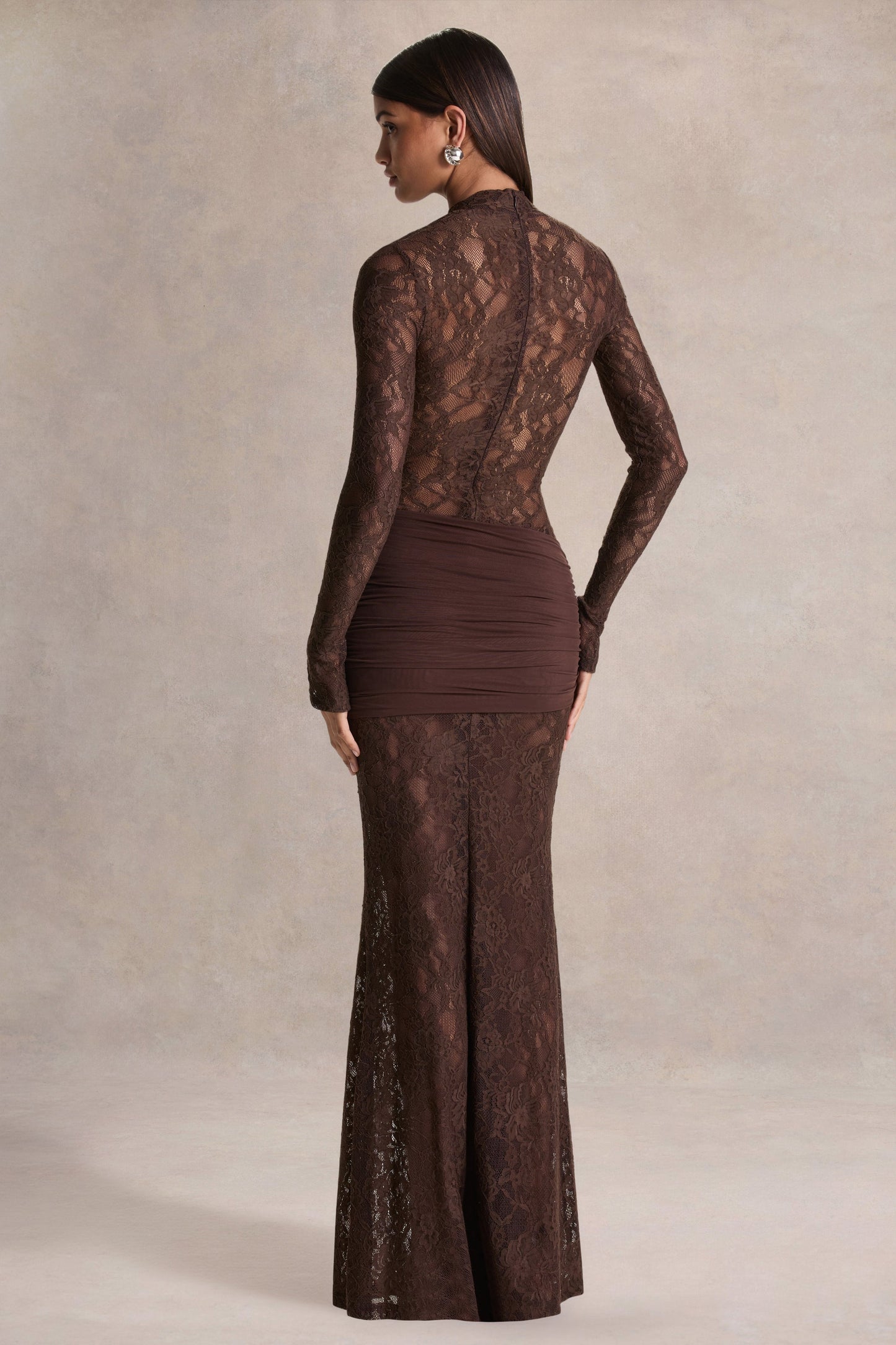 Akira | Brown Lace Maxi Dress With Sash-Detail