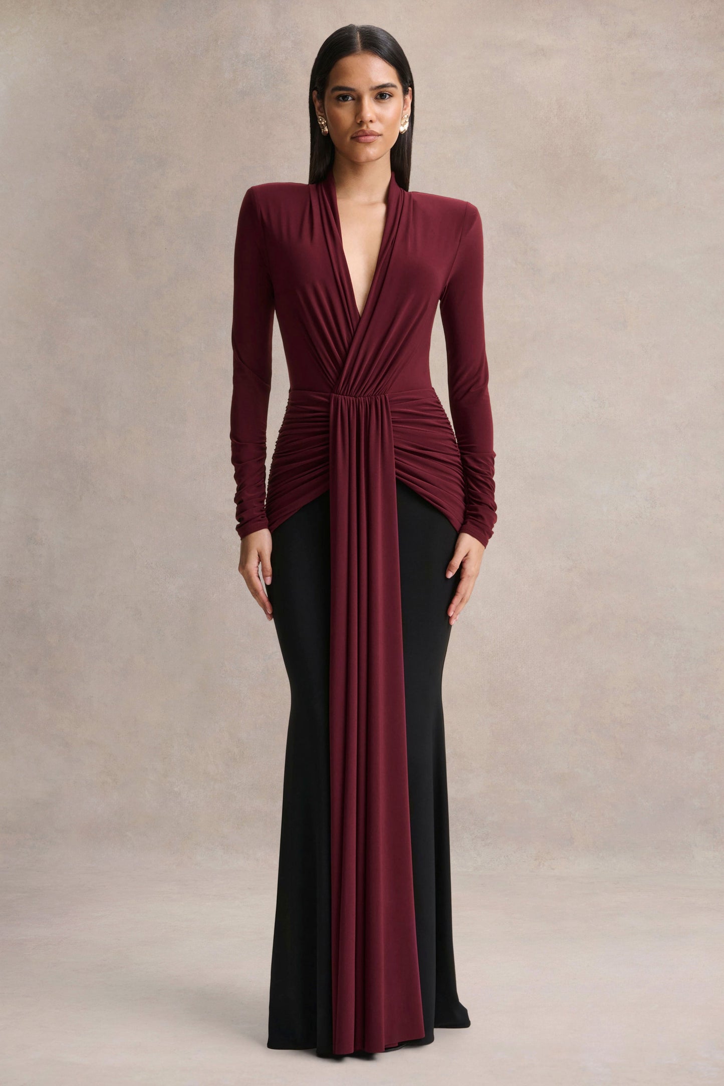 Halston | Burgundy And Black Plunge-Neck Maxi Dress With Gathered-Detailing