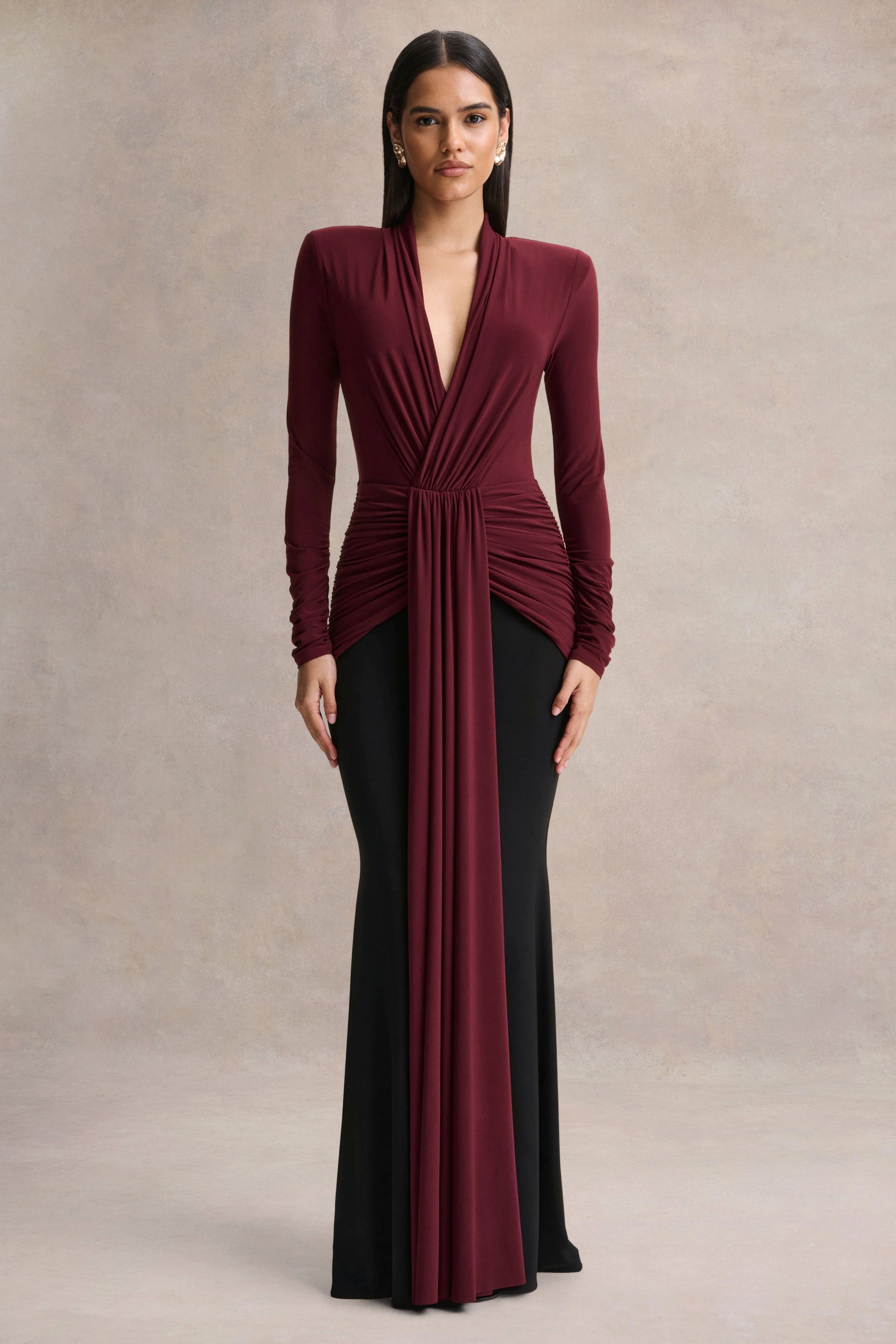 Halston | Burgundy And Black Plunge-Neck Maxi Dress With Gathered-Detailing