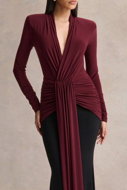 Halston | Burgundy And Black Plunge-Neck Maxi Dress With Gathered-Detailing