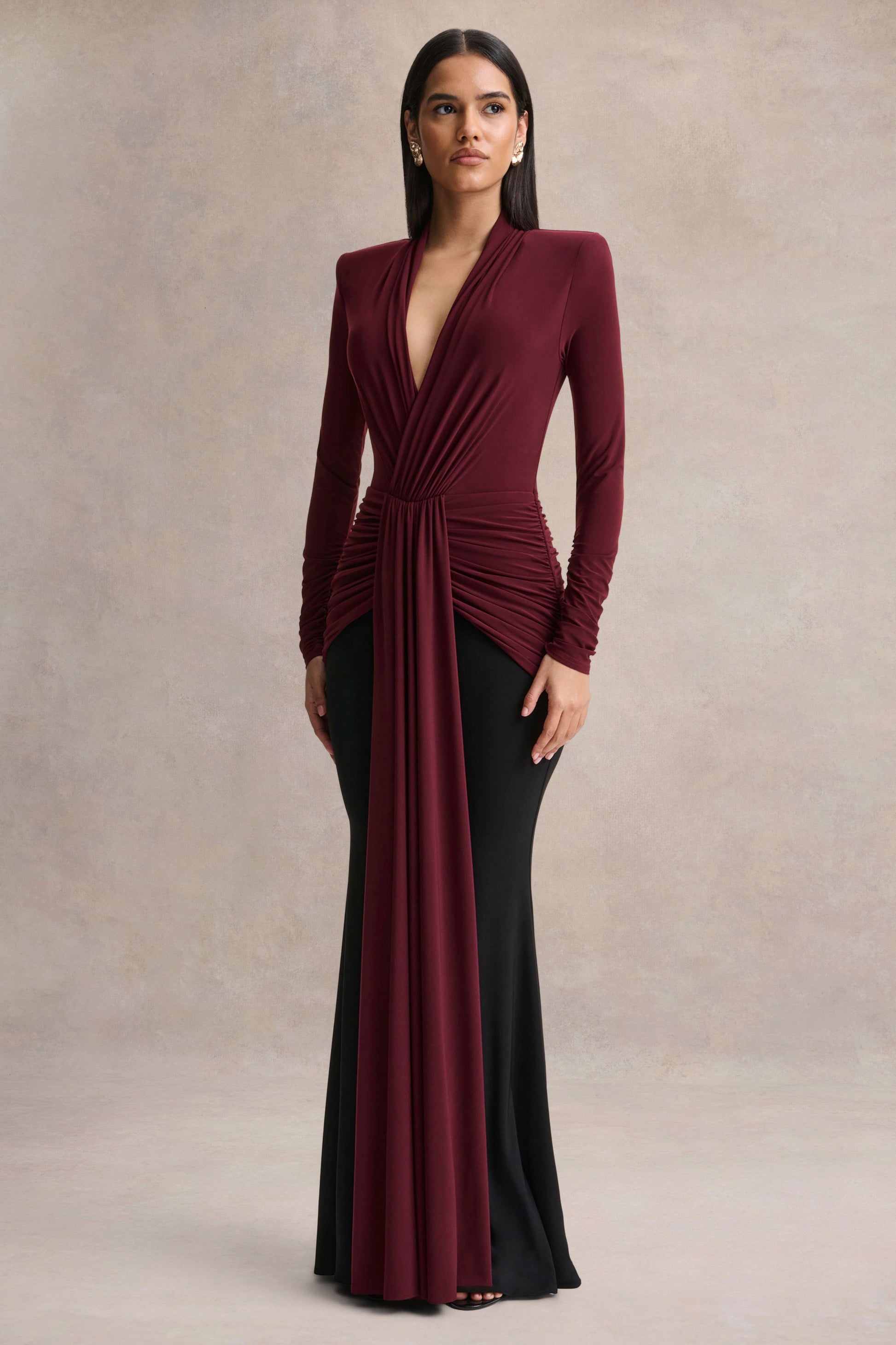Halston | Burgundy And Black Plunge-Neck Maxi Dress With Gathered-Detailing