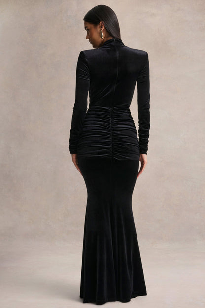 Halima | Black Velvet Plunge-Neck Maxi Dress With Gathered Detailing