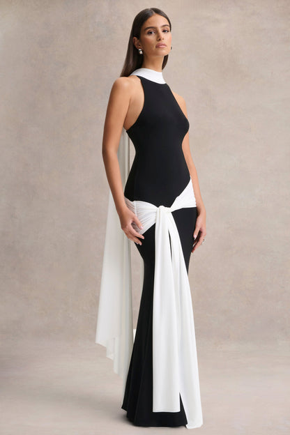 Dorinda | Black And White High-Neck Maxi Dress With Drape And Scarf-Detail