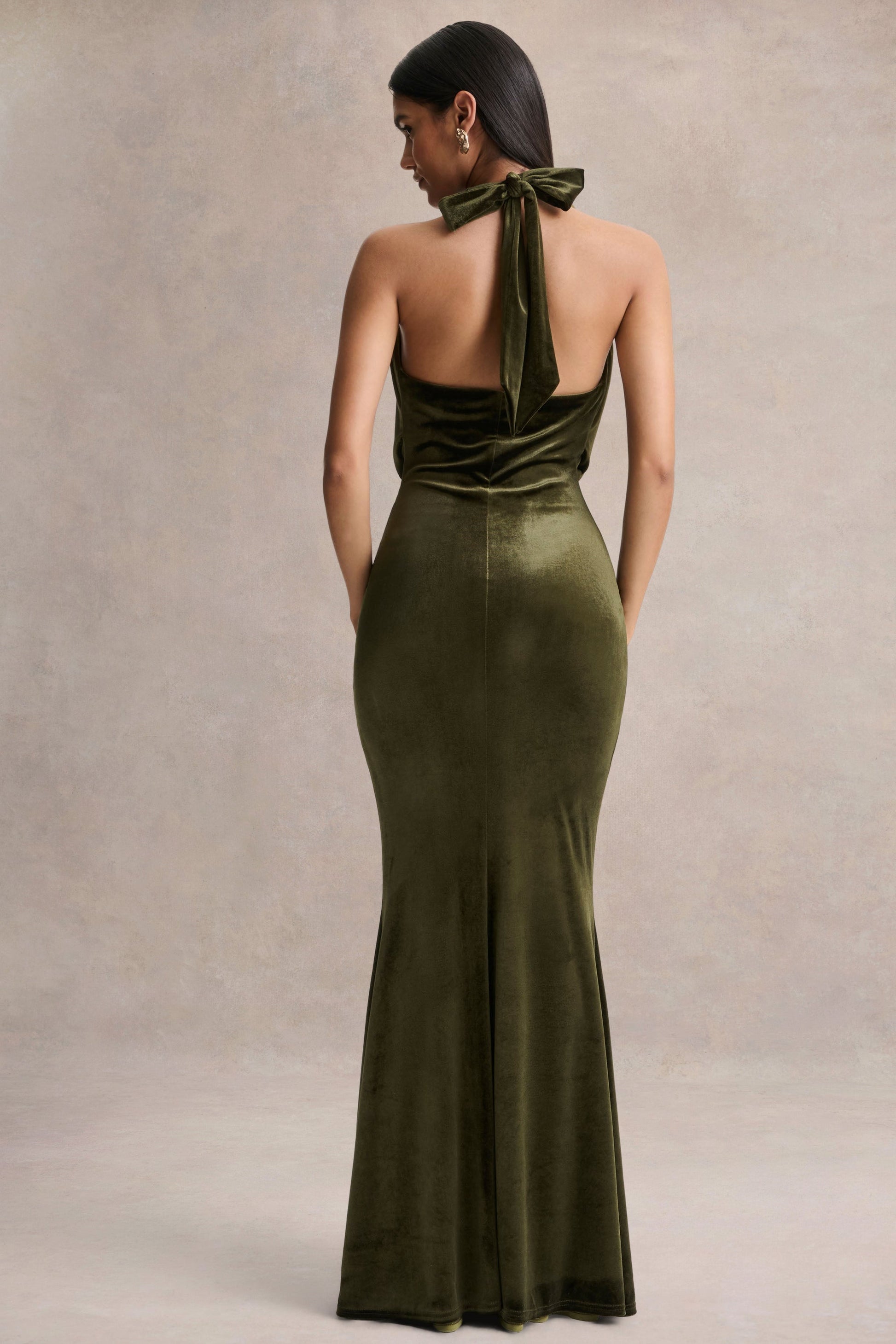 Lavernia | Olive Velvet Halter-Neck Maxi Dress With Gathered-Detailing