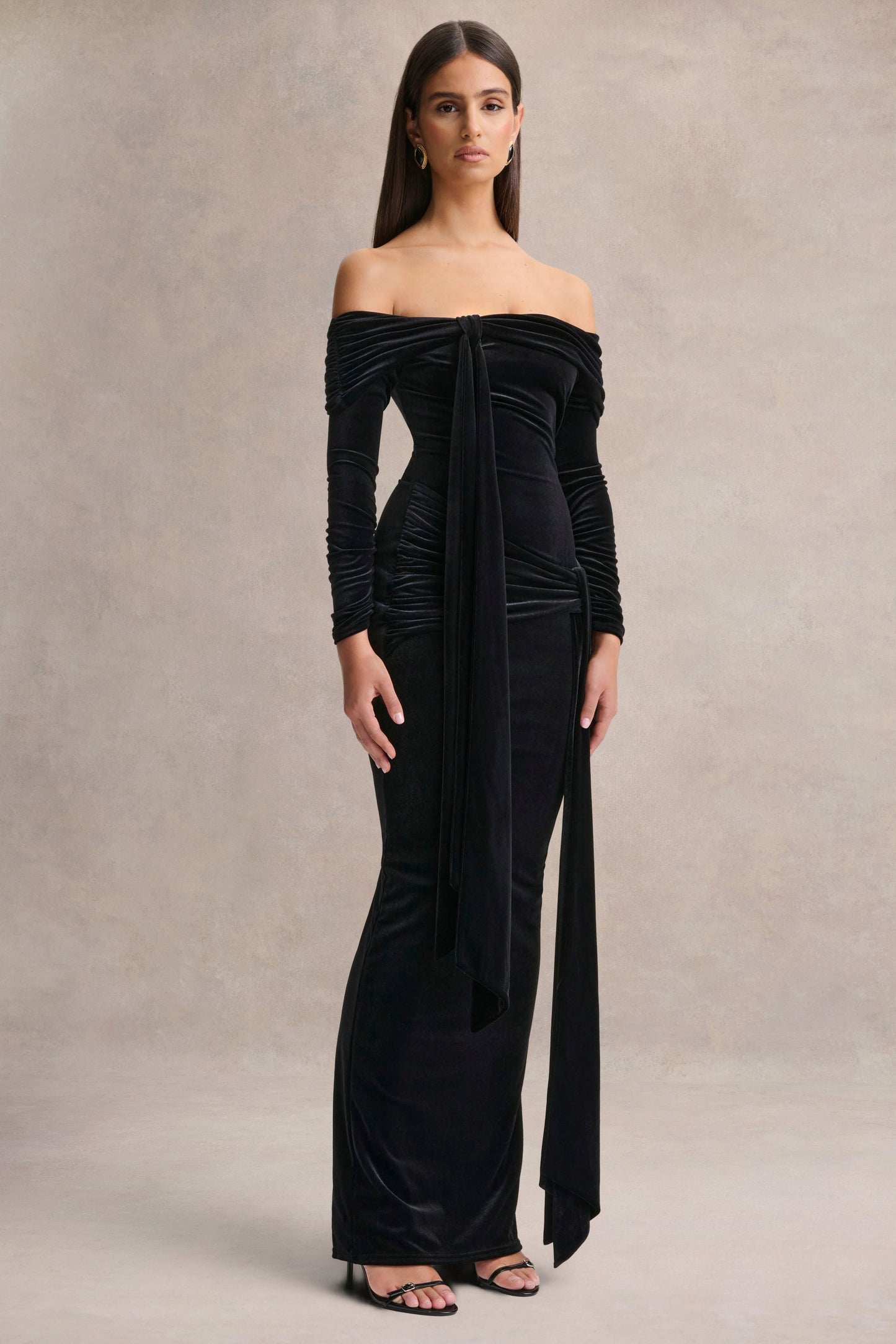 Jessara | Black Bardot-Neck Maxi Dress With Knot-Details