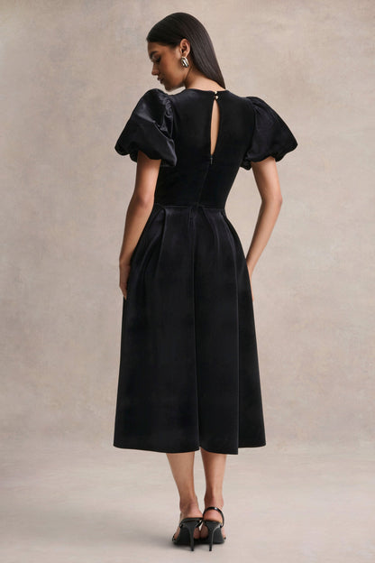 Seraphic | Black Velvet Puff-Sleeve Midi Dress