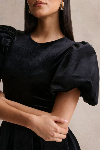 Seraphic | Black Velvet Puff-Sleeve Midi Dress