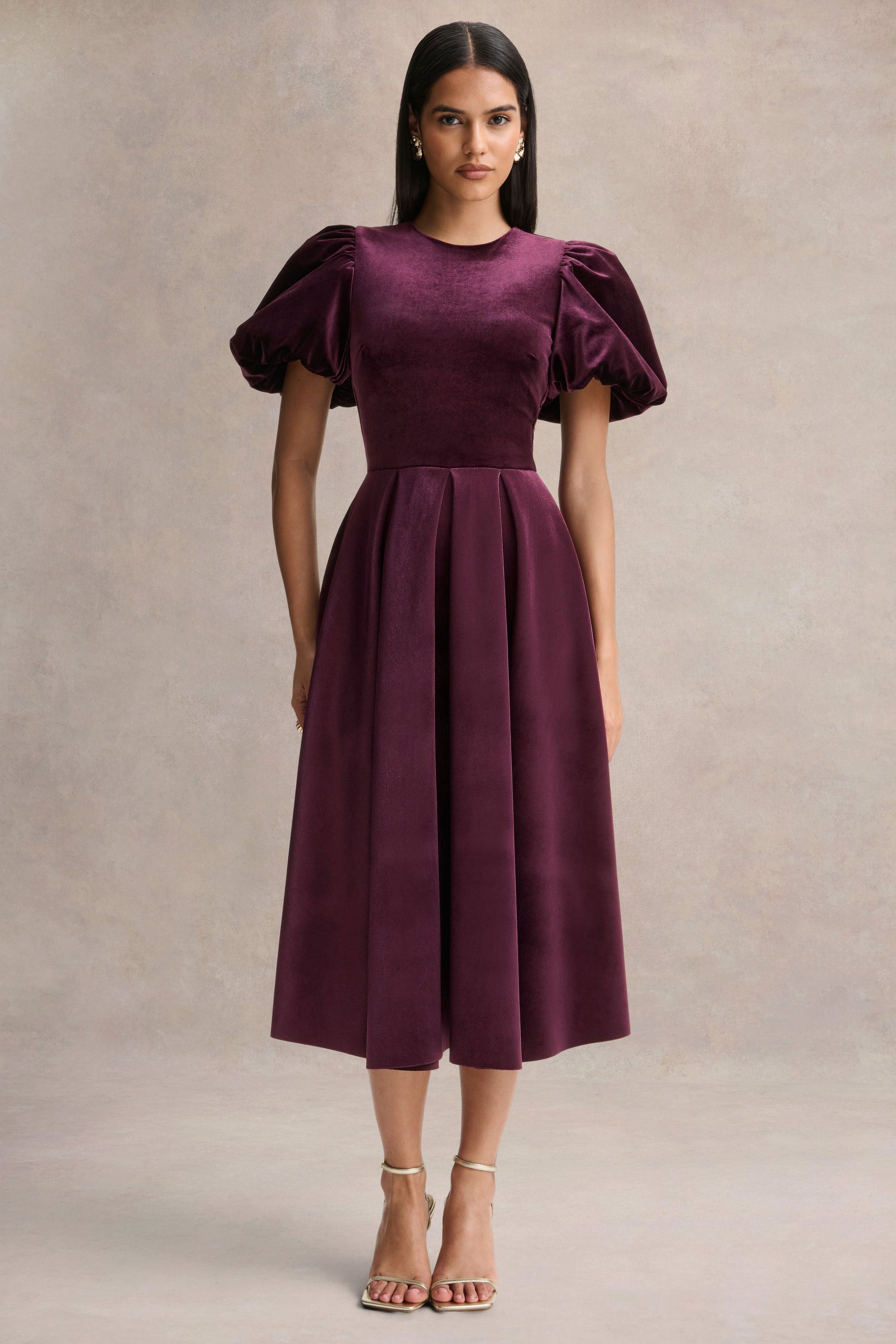Seraphic | Burgundy Velvet Puff-Sleeve Midi Dress