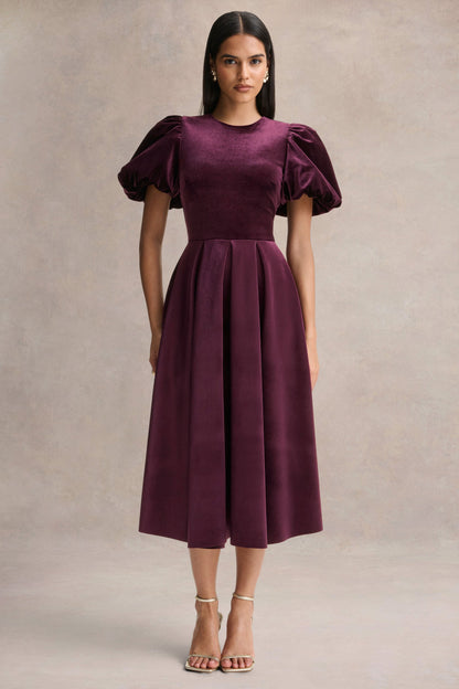 Seraphic | Burgundy Velvet Puff-Sleeve Midi Dress