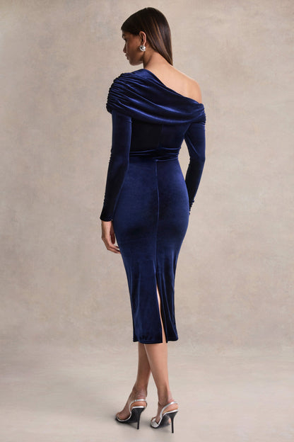 Eirene | Blue Velvet Asymmetric-Neck Midi Dress