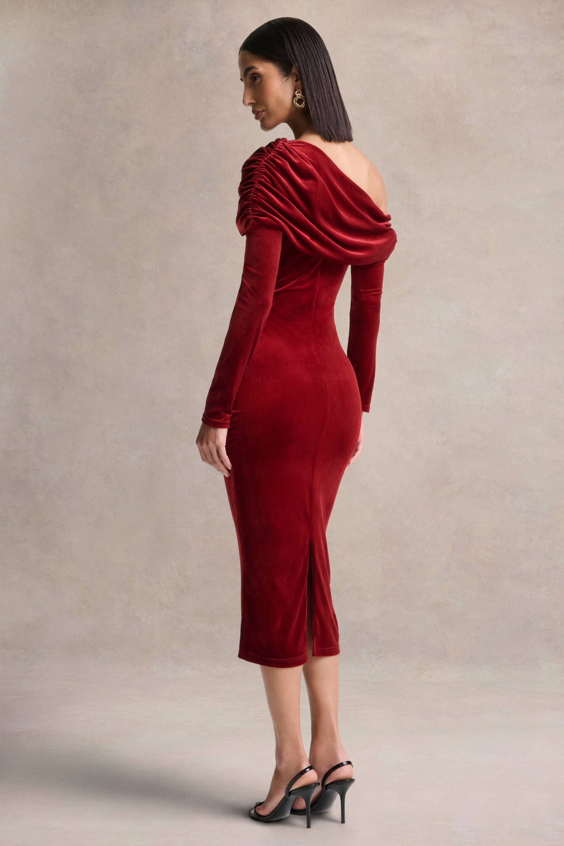 Eirene | Red Velvet Asymmetric-Neck Midi Dress