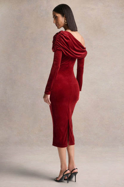 Eirene | Red Velvet Asymmetric-Neck Midi Dress