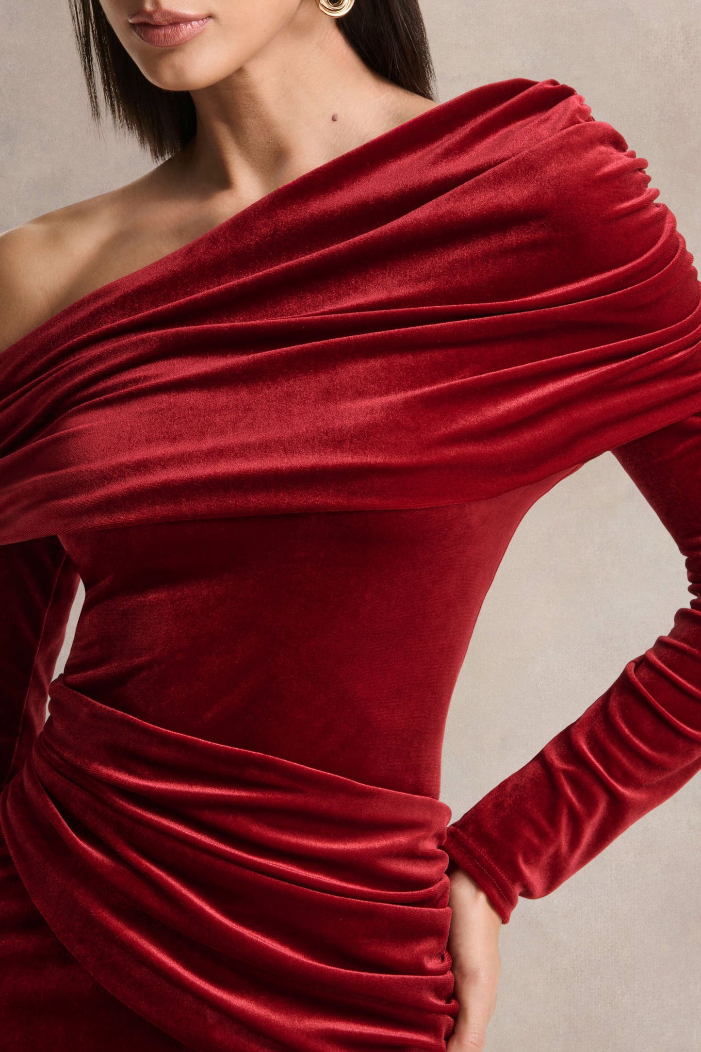 Eirene | Red Velvet Asymmetric-Neck Midi Dress