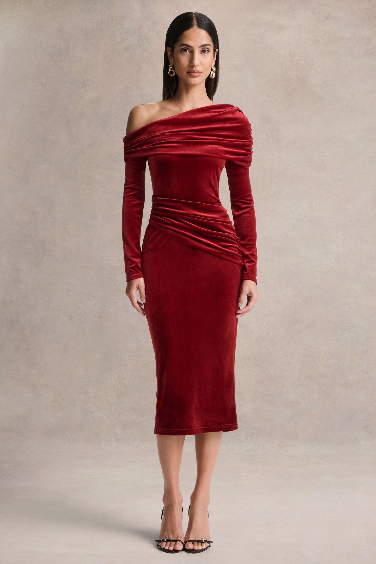 Eirene | Red Velvet Asymmetric-Neck Midi Dress
