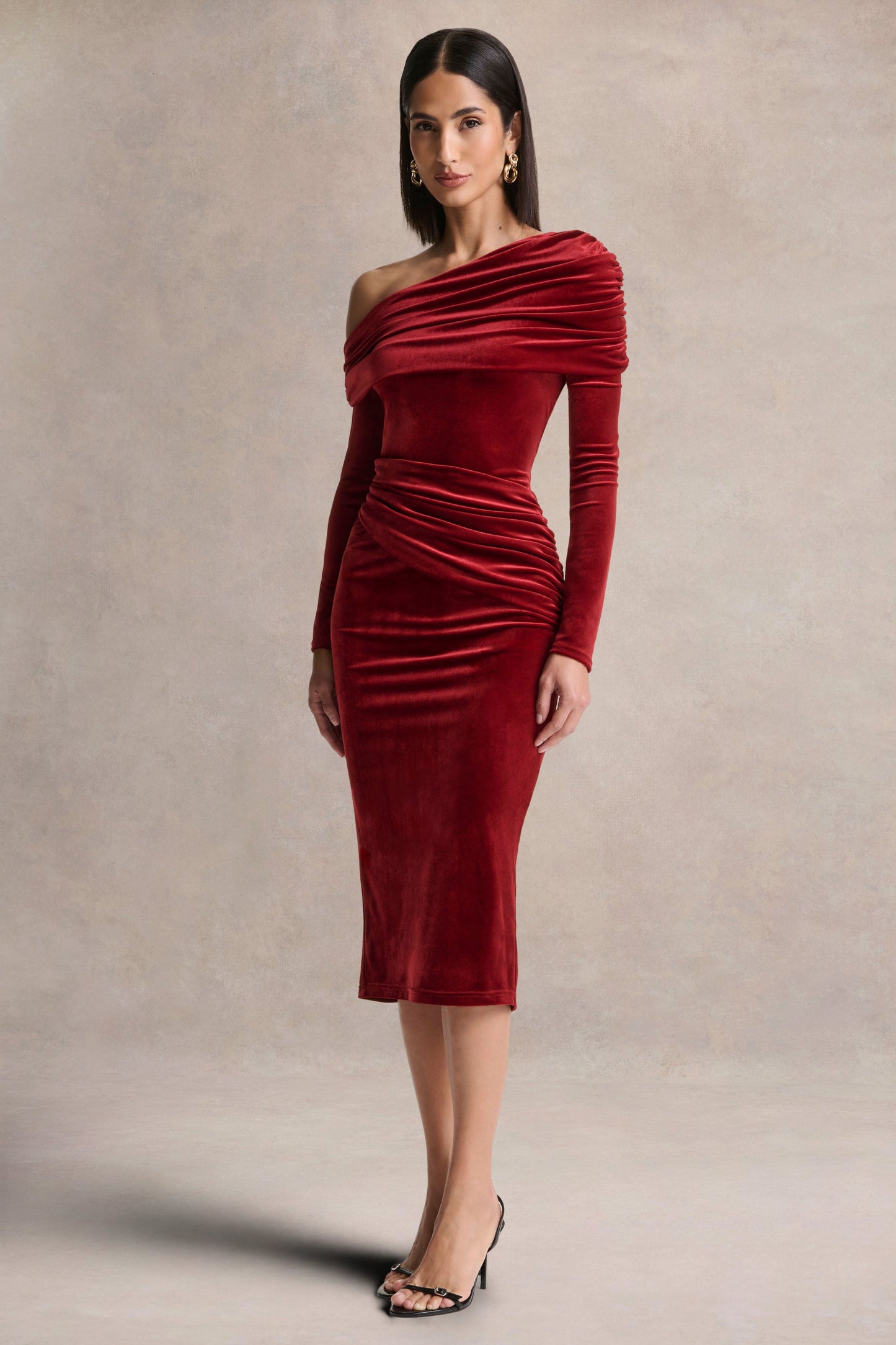 Eirene | Red Velvet Asymmetric-Neck Midi Dress