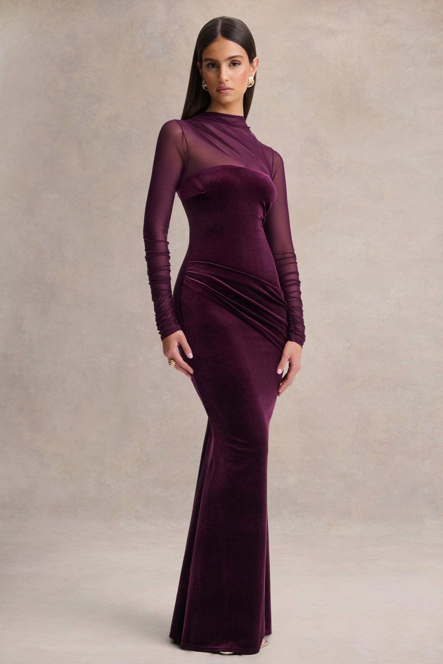 Cambria | Plum Velvet High-Neck Maxi Dress With Draped-Detailing