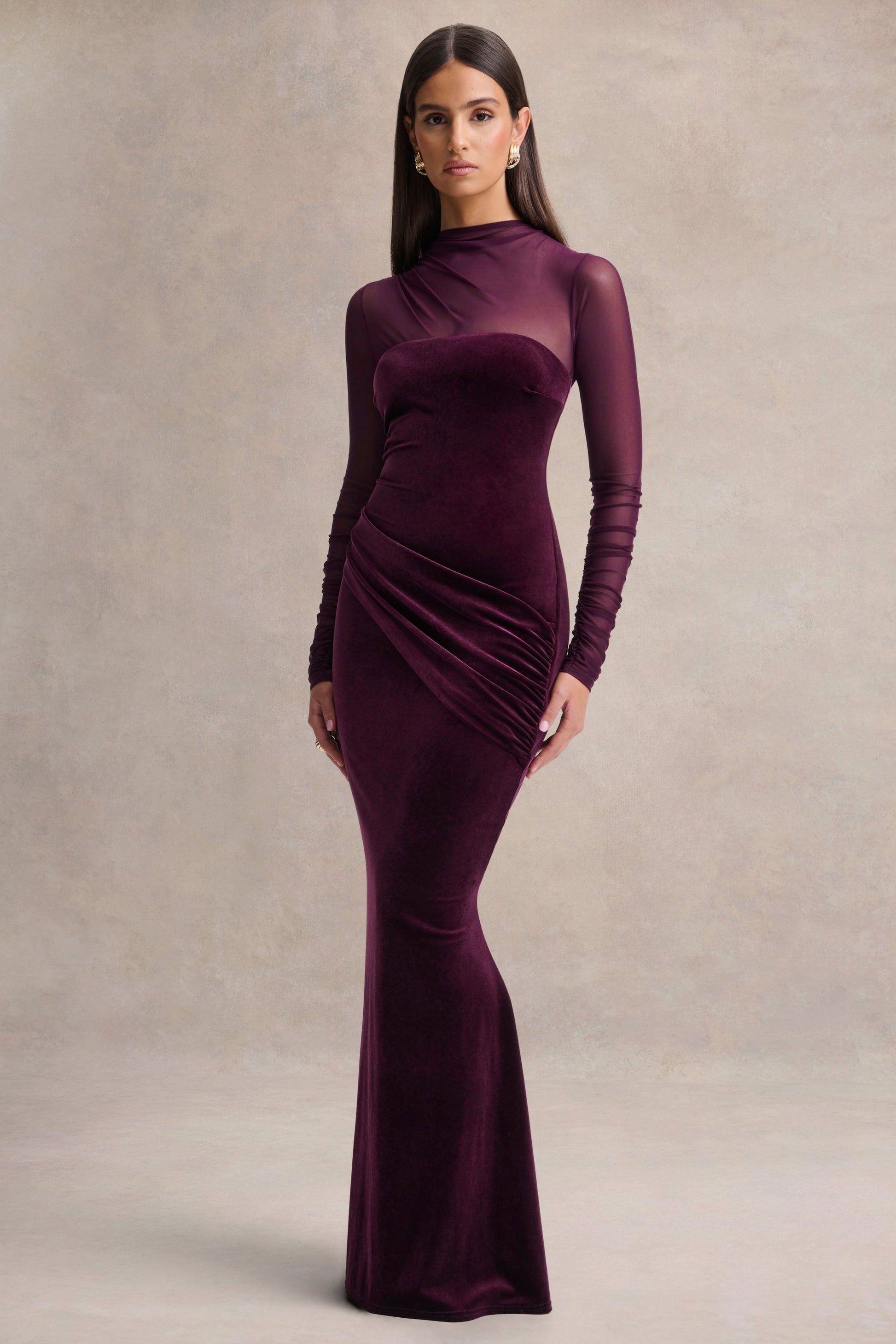 Cambria | Plum Velvet High-Neck Maxi Dress With Draped-Detailing