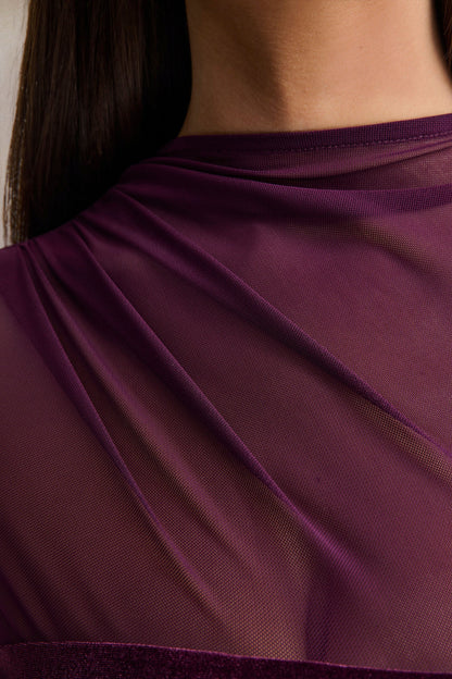 Cambria | Plum Velvet High-Neck Maxi Dress With Draped-Detailing