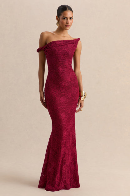 Afina | Burgundy Lace Asymmetric-Neck Maxi Dress