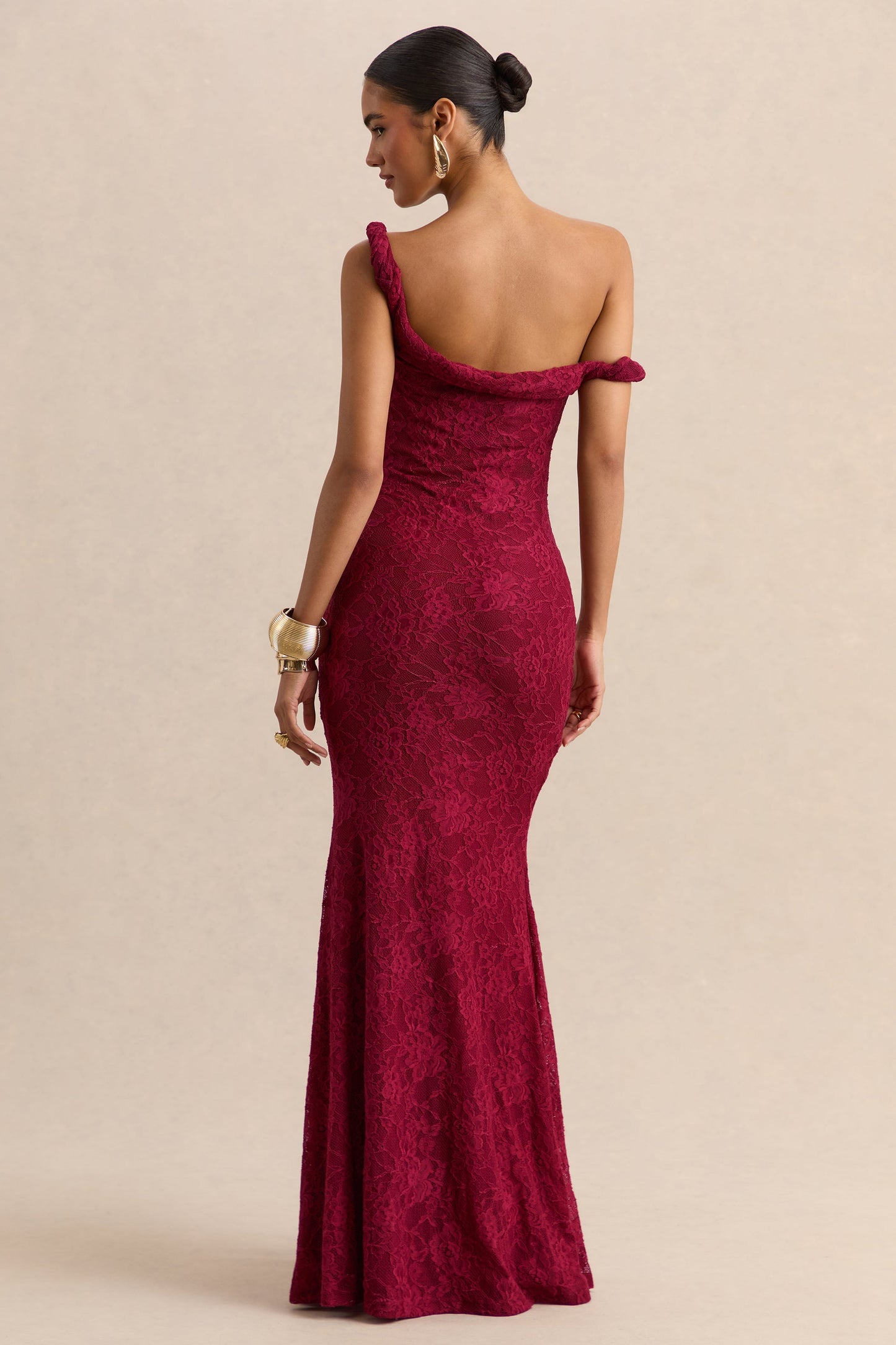 Afina | Burgundy Lace Asymmetric-Neck Maxi Dress