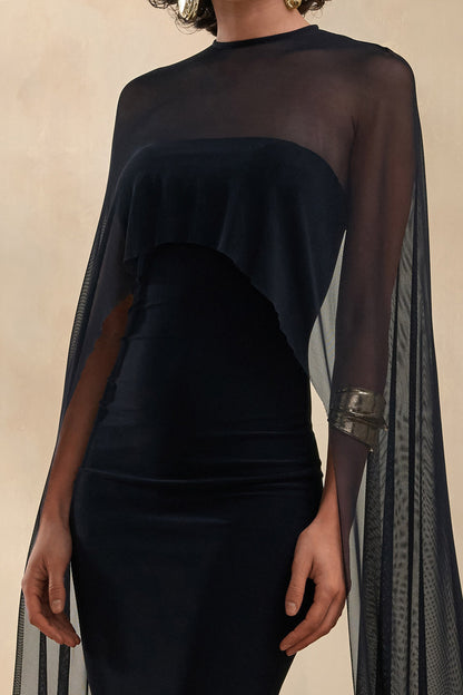 Filippa | Black Crew-Neck Midi Dress With Sheer Cape-Sleeves
