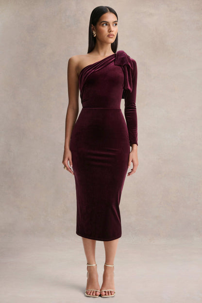 Vespera | Burgundy Velvet Asymmetric Neck Midi Dress With Bow Detail