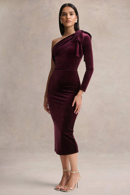 Vespera | Burgundy Velvet Asymmetric Neck Midi Dress With Bow Detail