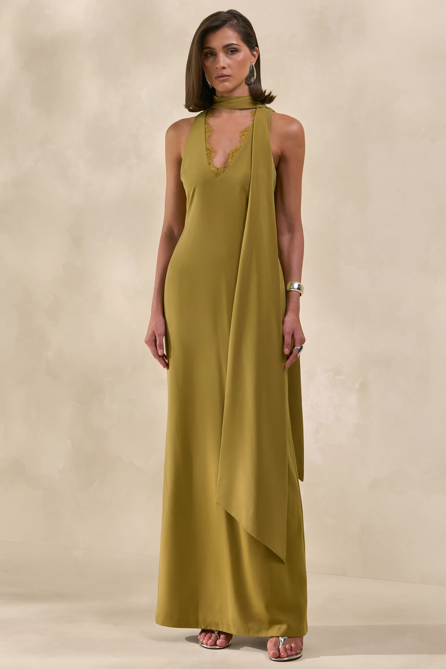 True Icon | Olive Satin High-Neck Maxi Slip Dress With Sash
