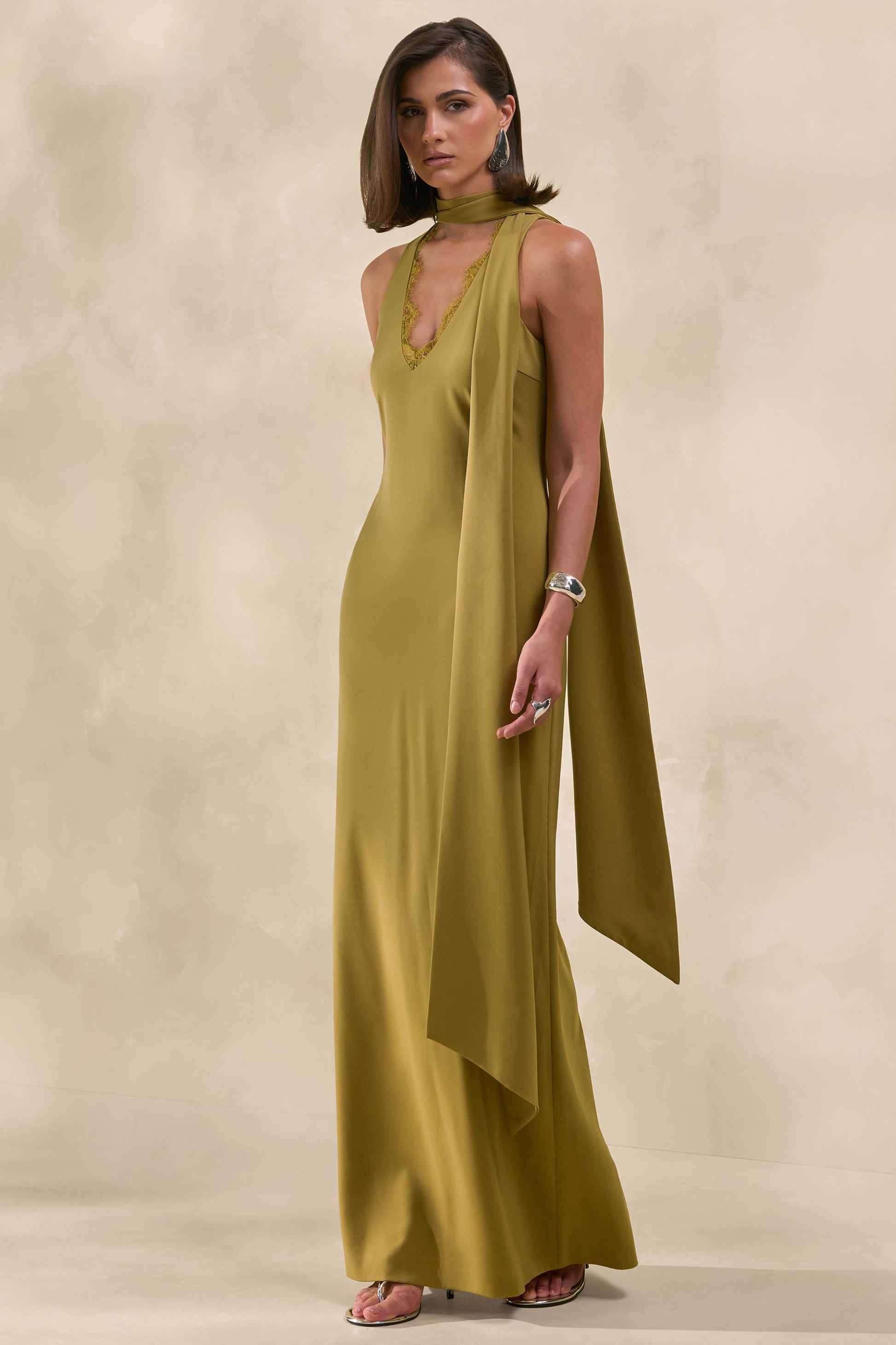 True Icon | Olive Satin High-Neck Maxi Slip Dress With Sash