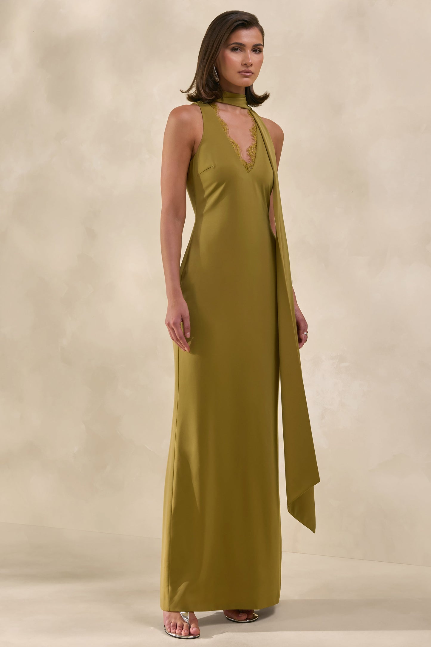 True Icon | Olive Satin High-Neck Maxi Slip Dress With Sash