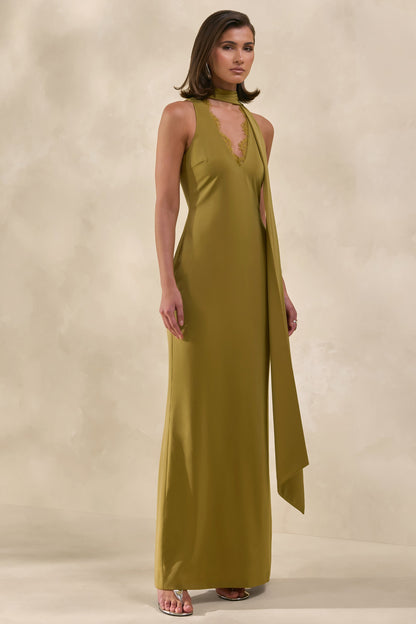 True Icon | Olive Satin High-Neck Maxi Slip Dress With Sash