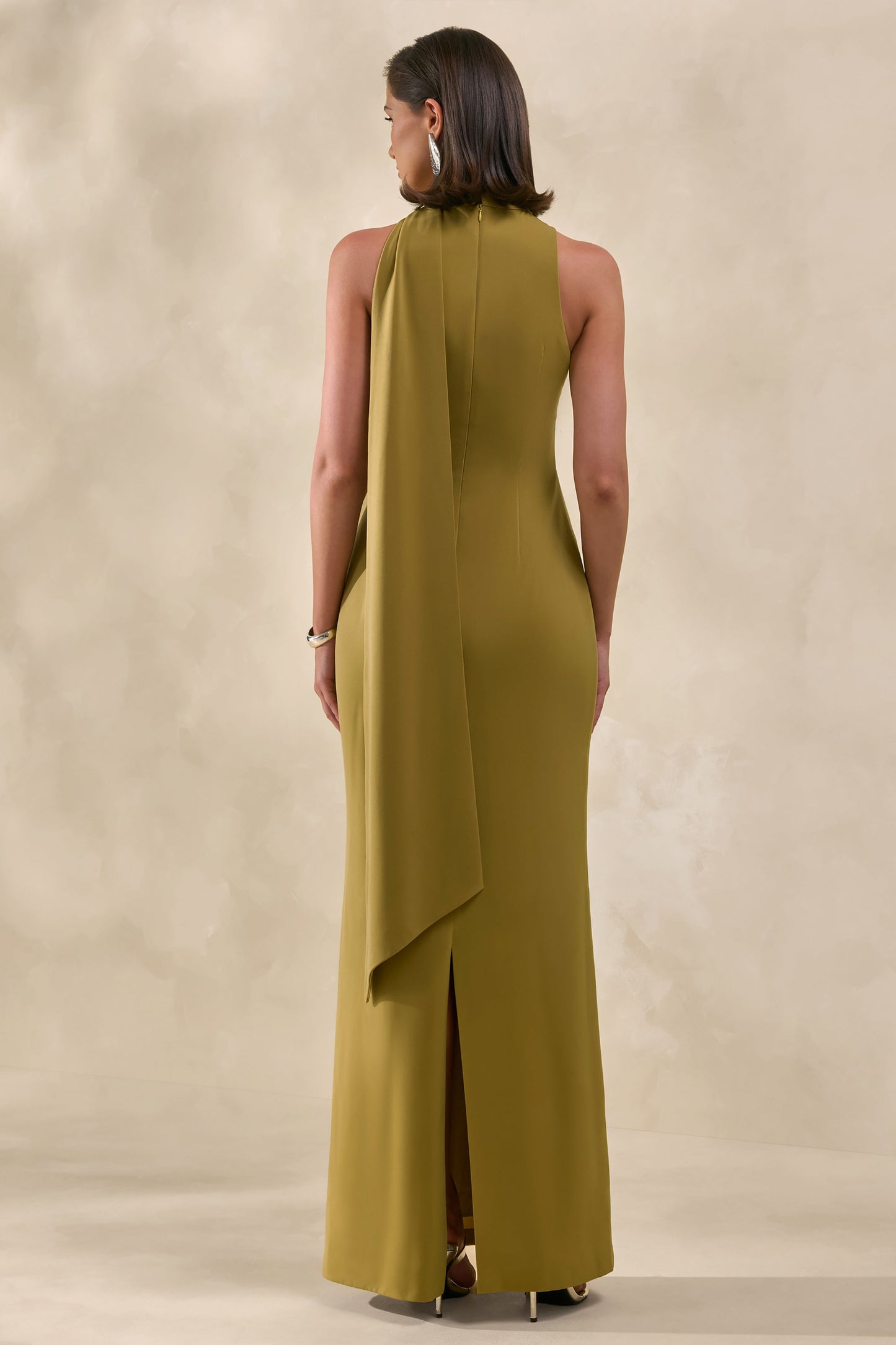 True Icon | Olive Satin High-Neck Maxi Slip Dress With Sash