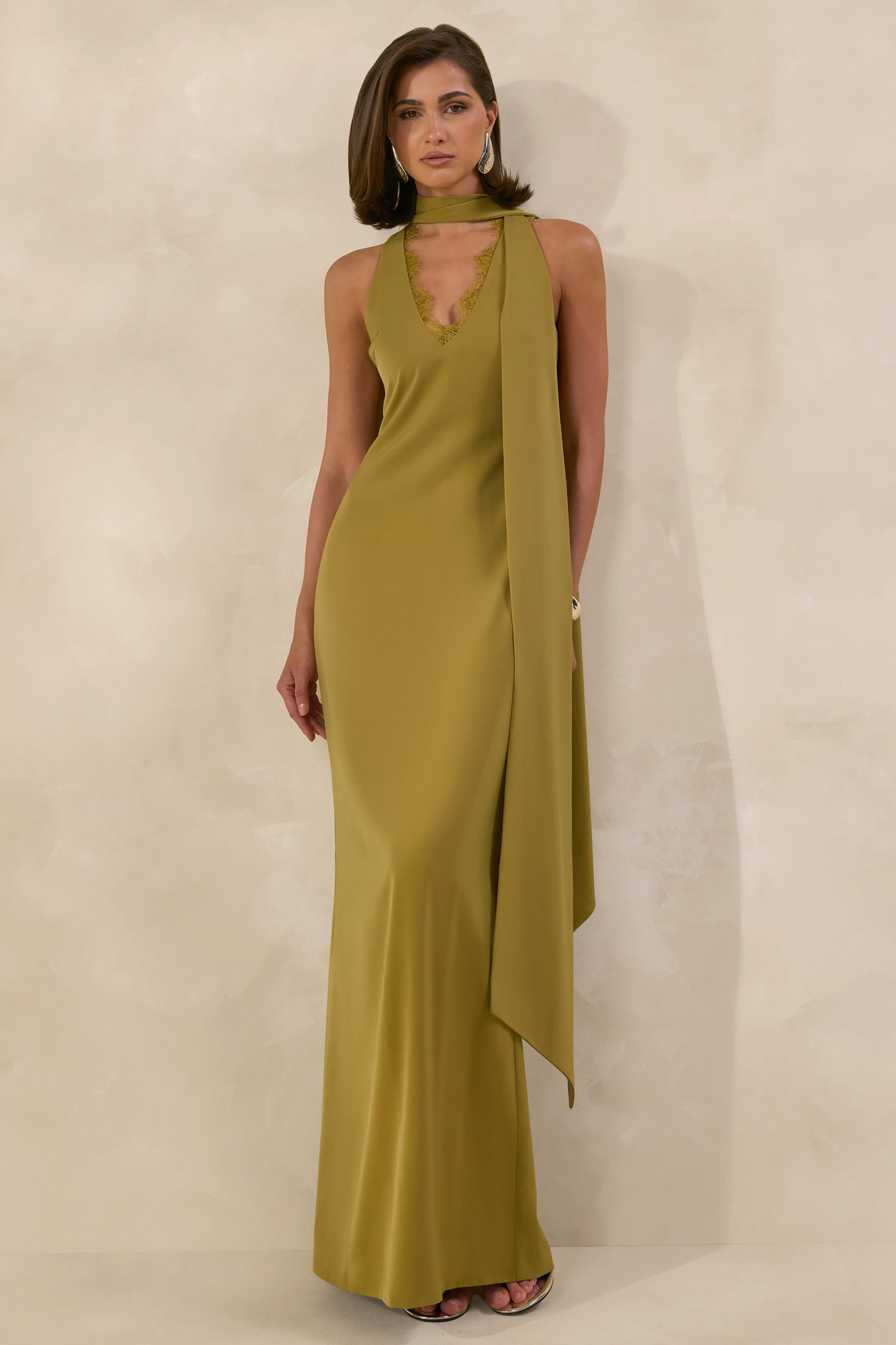 True Icon | Olive Satin High-Neck Maxi Slip Dress With Sash