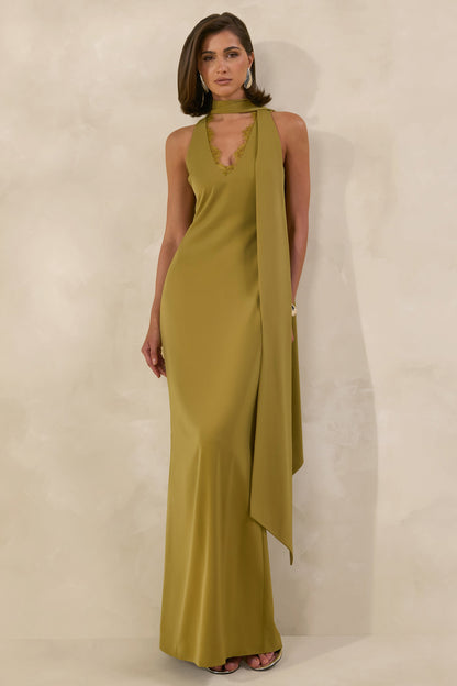 True Icon | Olive Satin High-Neck Maxi Slip Dress With Sash