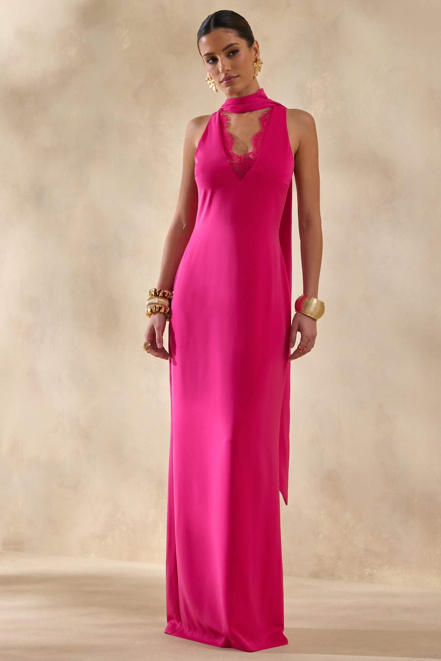 True Icon | Hot Pink Satin High-Neck Maxi Slip Dress With Sash