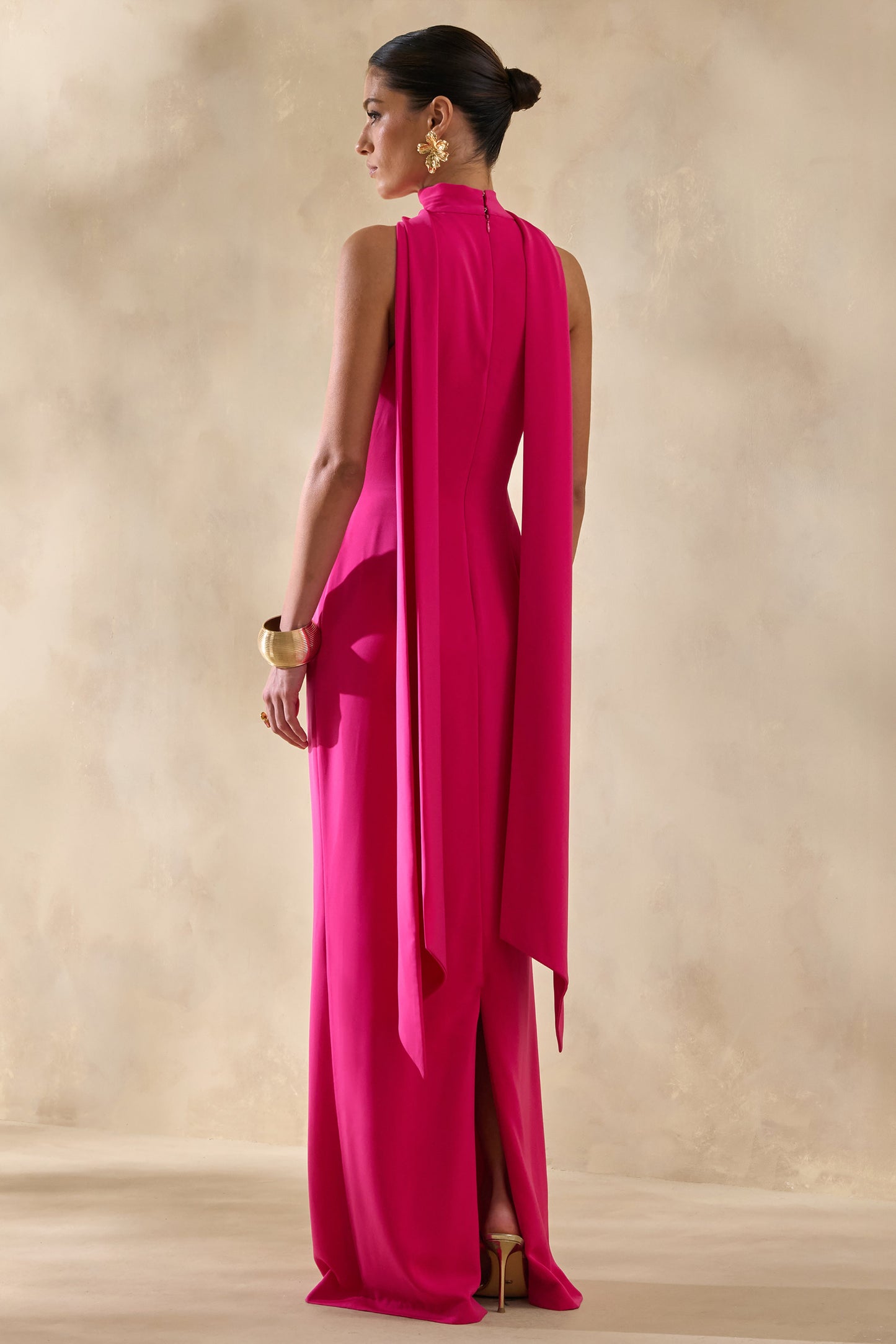 True Icon | Hot Pink Satin High-Neck Maxi Slip Dress With Sash
