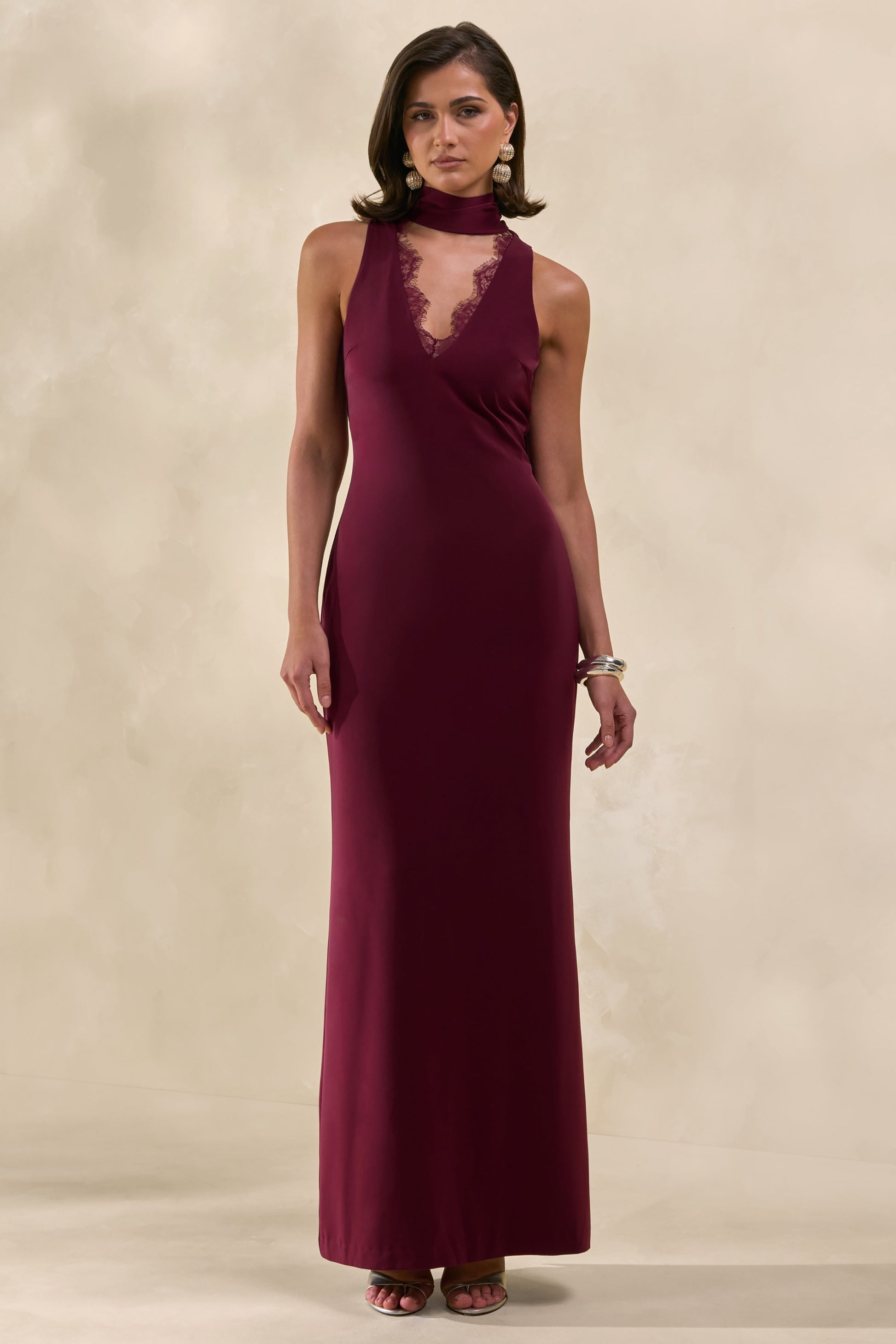 True Icon | Burgundy Satin High-Neck Maxi Slip Dress With Sash